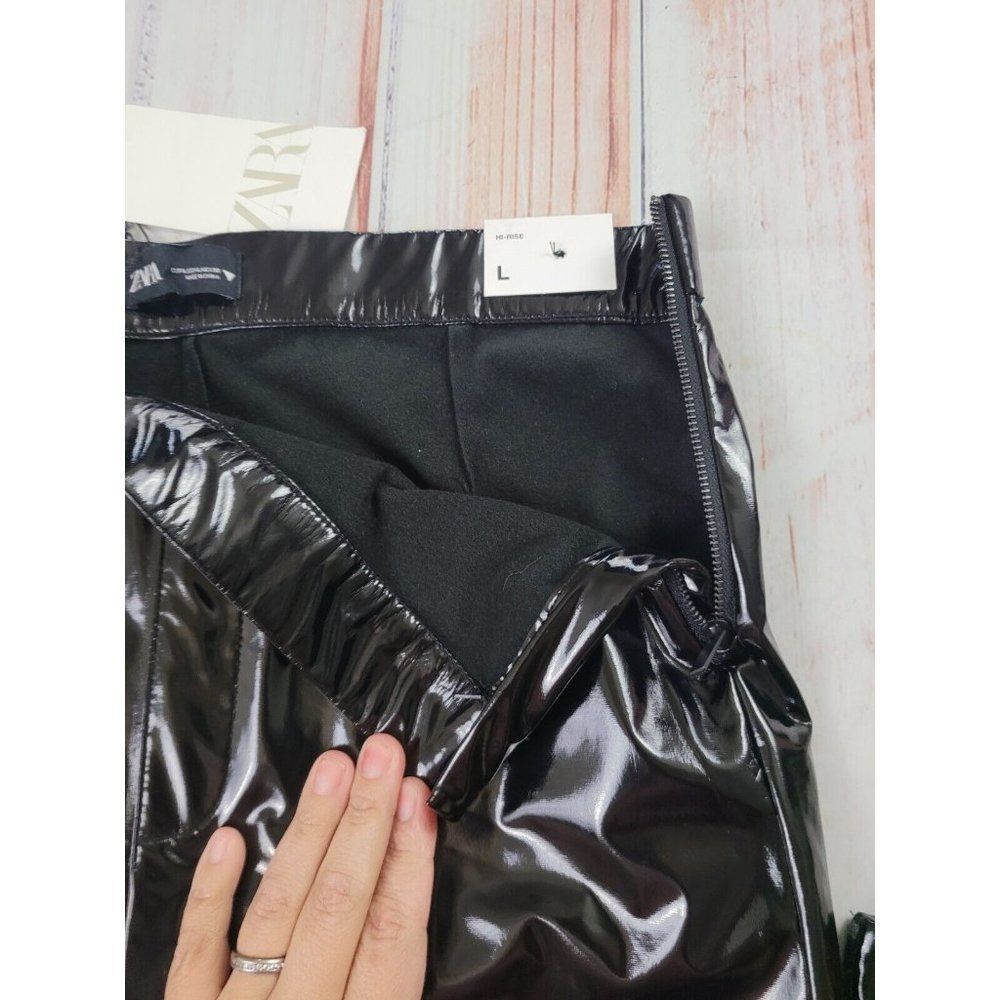 Zara Woman Faux Leather Shinny Vinyl Black Relaxed Fit Moto Biker Pants Size L - Picture 8 of 11